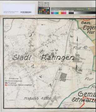 Stadt Ratingen; Gemeinde Eggerscheidt, Flur 3; Gemarkung Bracht, Flur 1; Gemarkung Schwarzbach, Flur 1. 14. - Zur Grenzbeschreibung (8 tlw. u. 9). Gehört zum Eingemeindungsantrag der Stadt Ratingen vom 17.9.1925 bzw. 30.7.1929. Blatt 4. - Übereinstimmung mit der Katasterkarte bescheinigt: Katasteramt Ratingen. 1930 Jan. 30