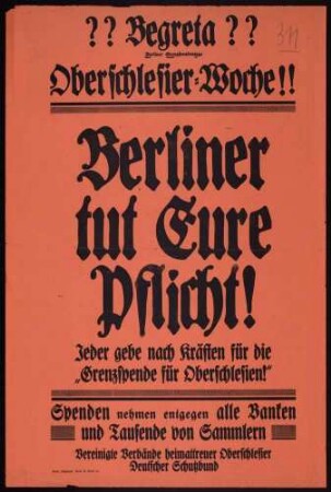 "Berliner tut Eure Pflicht!" Spendenaufruf für Oberschlesien