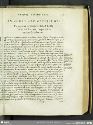 In Censuram Capitis XVI. De cultu & veneratione Iesu Christi, unici Mediatoris, deque invocatione Sanctorum