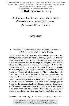 Selbstvergewisserung. Die Evidenz des Ökonomischen als Effekt der Grenzziehung zwischen 'Wirtschaft', 'Wissenschaft' und 'Politik'