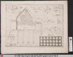 Plan mit verschiedenen geometrischen Figuren, Gegenständen und der Ansicht eines Stück Mauerwerks.