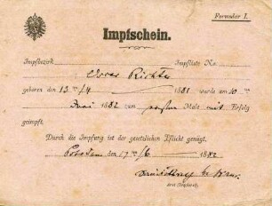 Impfschein, ausgestellt 1882