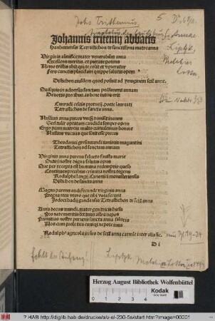 De laudibus sancctissime matris Anne tractat[us] perquam vtilis domi[ni] Joha[n]nis tritemij abbatis spanhemensis ordinis diui patris benedicti