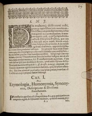 Cap. I. De Etymologia, Homonymia, Synonymia, Descriptione & Divisione Protestationis.