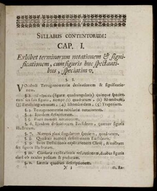 Syllabus Contentorum: Cap. I.