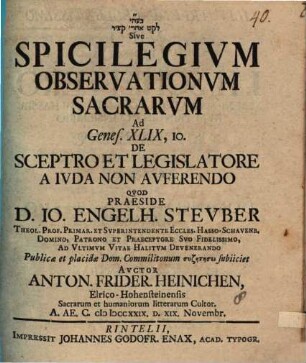 Spicilegium obserbationum sacrarum ad Genes. 49,10, de sceptro et legislatore a Juda non auferendo