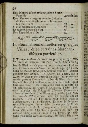 Consommations annuelles en quelques Villes, & en certaines Marchandises en particulier.