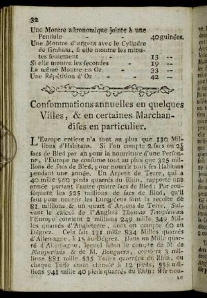 Consommations annuelles en quelques Villes, & en certaines Marchandises en particulier.