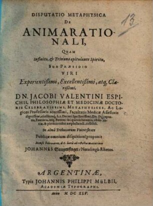 Disputatio Metaphysica De Animarationali