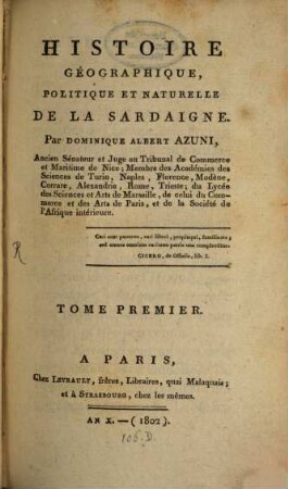 Histoire Géographique, Politique Et Naturelle De La Sardaigne, Tome Premier
