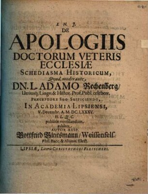 De apologiis doctorum veteris ecclesiae schediasma historicum