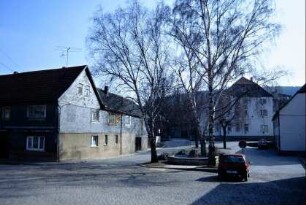 Dorfplatz mit Bäumen, anliegende Häuser