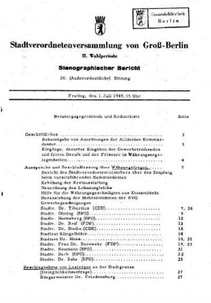 Nr. 20, 1. Juli 1949, Ordentliche Sitzung