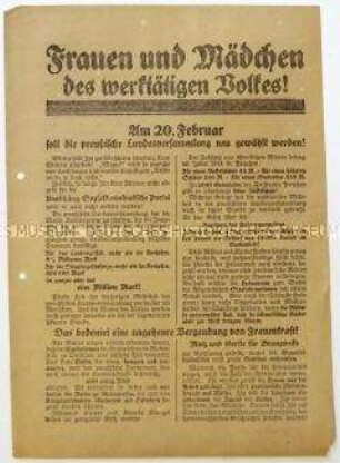 Aufruf der USPD an Frauen zur preußischen Landtagswahl 1921