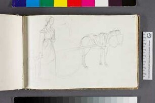 Skizzen zu Frau mit Kind und Pferd mit Kutsche
