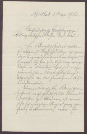 Schreiben von Friedrich Katz an die Großherzogin Luise; Aufenthalt von Friedrich Katz in Bad Wildbad und Kriegsandachten