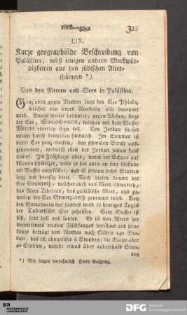 LIX. Kurze geographische Beschreibung von Palästina, nebst einigen andern Merkwürdigkeiten aus den jüdischen Alterthümern.