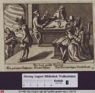 Ein freigebiger Landsknecht, ein mit einem Priester spielender Kartenspieler und ein Liebespaar.