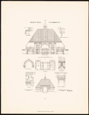 Torgebäude am Friedhof, Berlin-Friedrichsfelde: Grundriss, Vorderansicht, Rückansicht, Details (aus: Neubauten der Stadt Berlin, Bd. XI, 1912)