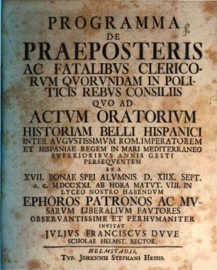 Programma de praeposteris ac fatalibus clericorum quorundam in politicis rebus consiliis