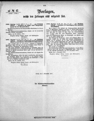Anlage: ad No. 47 (1063-1065), Vorlagen, welche den Zeitungen nicht mitgeteilt sind, 5. November 1910