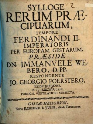 Sylloge rerum praecipuarum tempore Ferdinandi II. imp. per Europam gestarum