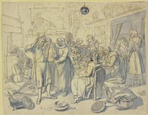 Einem Mann werden Zwillinge geboren, er kratzt sich wegen des reichen Segens und der großen Gesellschaft, die dieses Ereignis mit Essen und Trinken feiert, hinter den Ohren