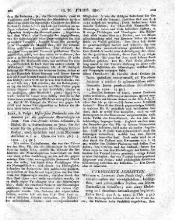 Weimar u. Leipzig: Jean Pauls Geist; oder: Chrestomathie der vorzüglichsten, kräftigsten, und gelungensten Stellen aus seinen sämmtlichen Schriften; mit einer Einleitung und einzelnen Bemerkungen begleitet. Erster Band. 440 S. 8. 1801.