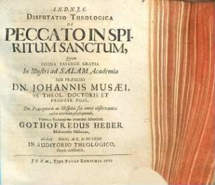Disputatio Theologica De Peccato In Spiritum Sanctum