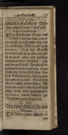 IX. Cap. Von des Schiffers Zu-und Absetzung.