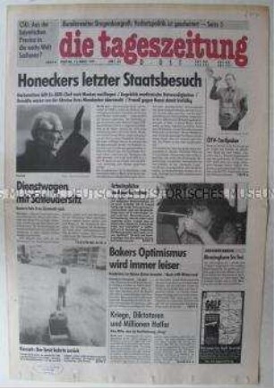 Fragment der Ost-Ausgabe der "tageszeitung" u.a. zur Ausreise von Erich Honecker nach Moskau und über einen Kongress der "Sowjetdeutschen" in Moskau