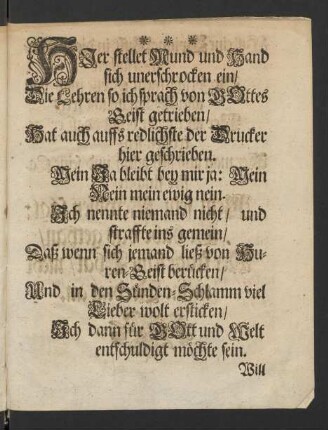 Hier stellet Mund und Hand sich unerschrocken ein/ ...