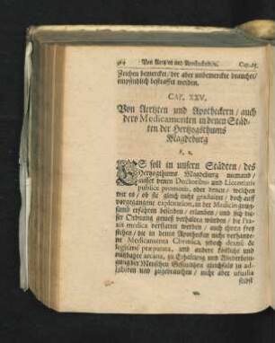 Cap. XXV. Von Aertzten und Apotheckern/ auch dero Medicamenten in denen Städten der Hertzogsthums Magdeburg.
