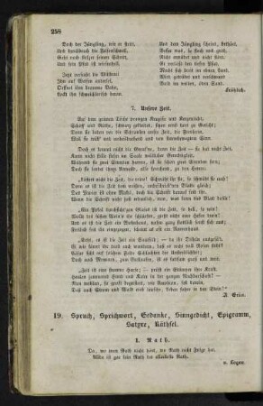 19. Spruch, Sprichwort, Gedanke, Sinngedicht, Epigramm, Satyre, Räthsel