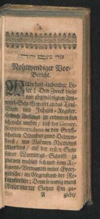 Nothwendiger Vor-Bericht.