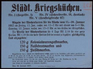 "Städtische Kriegsküchen Nr. I (Hegelstraße Nr. 1), Nr. IV (Schreiberstraße 16, Heslach), Nr. V (Heusteigstraße 97)" in Stuttgart, Regelung der Ausgabe von Essenmarken