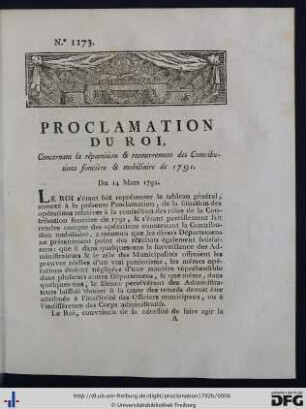 Proclamation Du Roi, Concernant la répartition & recouvrement des Contributions foncière & mobiliaire.