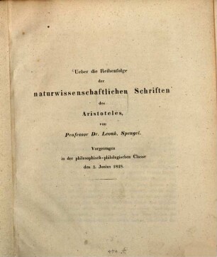Ueber die Reihenfolge der naturwissenschaftlichen Schriften des Aristoteles