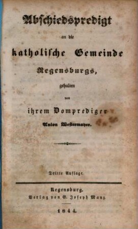 Abschiedspredigt an die katholische Gemeinde Regensburgs