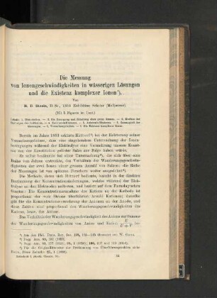 Die Messung von Ionengeschwindigkeiten in wässerigen Lösungen und die Existenz komplexer Ionen.