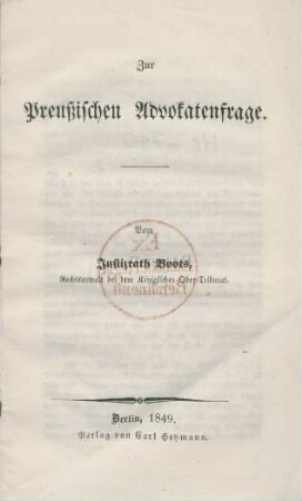Zur Preußischen Advokatenfrage