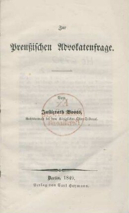 Zur Preußischen Advokatenfrage