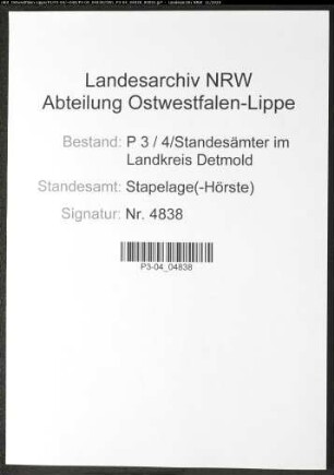 Sterberegister Standesamt Stapelage(-Hörste)