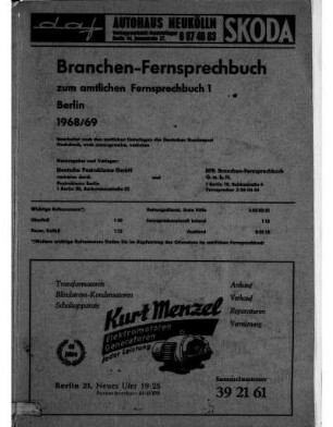 1968/1969: Amtliches Fernsprechbuch für den Bezirk der Landespostdirektion Berlin