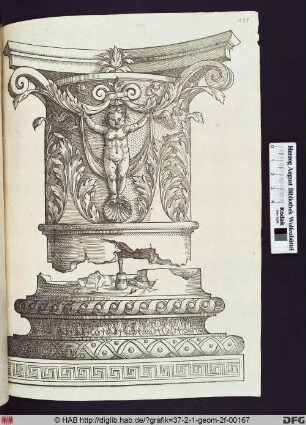 Kapitell und Basis der Korinthischen Ordnung mit einem weiblichen Putto auf einer Muschel.