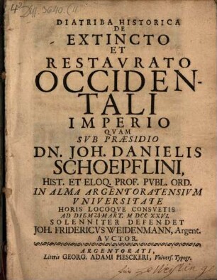 Diatriba historica de extincto et restaurato occidentali imperio