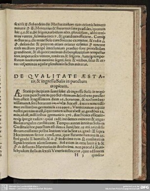 DE QVALITATE AESTAtis, & ingressu Solis in punctum tropicum.