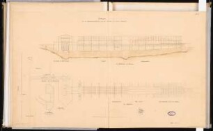Eisenbahnbrücke Schinkelwettbewerb 1862: Baugerüst: Lageplan, Grundriss (3 Ebenen), Ansicht und Längsschnitt; Maßstabsleiste