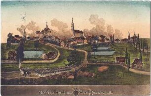 Bischofswerda. Stadtansicht während des Brandes 1813, kolorierte Ansichtskarte