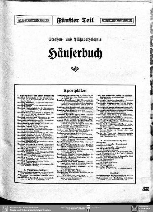 Fünfter Teil. Straßenverzeichnis und Häuserbuch : Straßen-und Plätzeverzeichnis, Häuserbuch